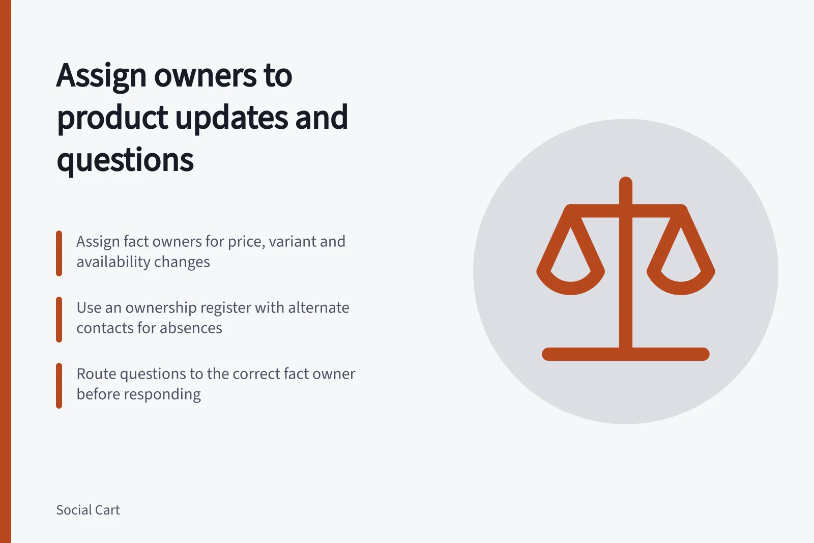 Assign owners to product updates and questions: Assign fact owners for price, variant and availability changes; Use an ownership register with alternate contacts for absences; Route questions to the correct fact owner before responding