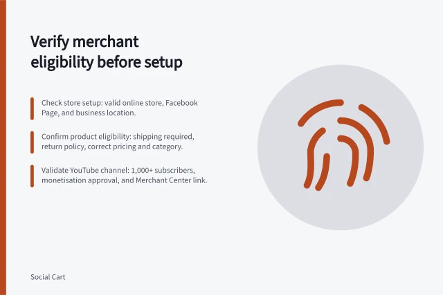 Verify merchant eligibility before setup: Check store setup: valid online store, Facebook Page, and business location.; Confirm product eligibility: shipping required, return policy, correct pricing and category.; Validate YouTube channel: 1,000+ subscribers, monetisation approval, and Merchant Center link. Checking merchant eligibility before implementation