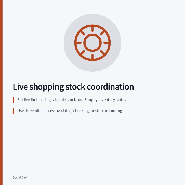 Live shopping stock coordination: Set live limits using saleable stock and Shopify inventory states; Use three offer states: available, checking, or stop promoting; Pause offers until viewers' on-screen shopping actions are corrected. Coordinating live shopping offers with available stock