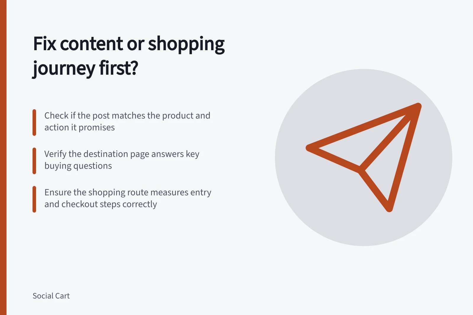 Fix content or shopping journey first?: Check if the post matches the product and action it promises; Verify the destination page answers key buying questions; Ensure the shopping route measures entry and checkout steps correctly