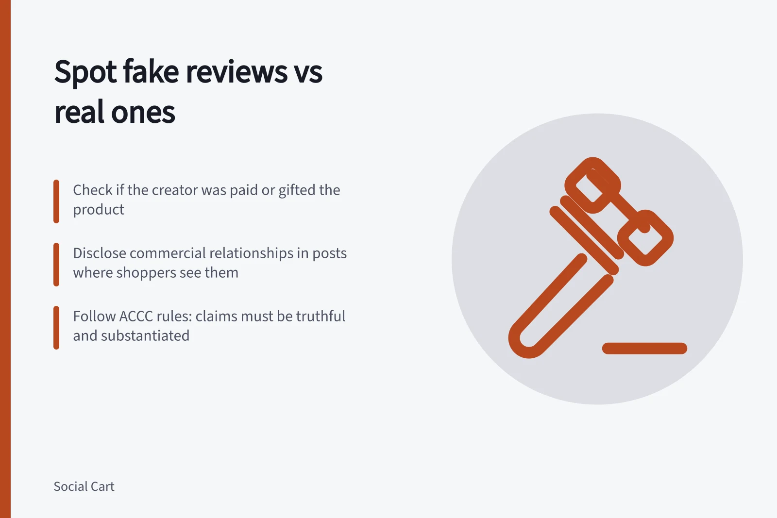 Spot fake reviews vs real ones: Check if the creator was paid or gifted the product; Disclose commercial relationships in posts where shoppers see them; Follow ACCC rules: claims must be truthful and substantiated