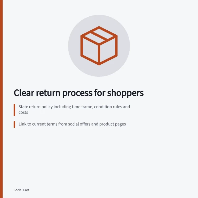 Clear return process for shoppers: State return policy including time frame, condition rules and costs; Link to current terms from social offers and product pages; Provide contact route and steps for reporting issues. Explaining a brand's return process where shoppers can find it