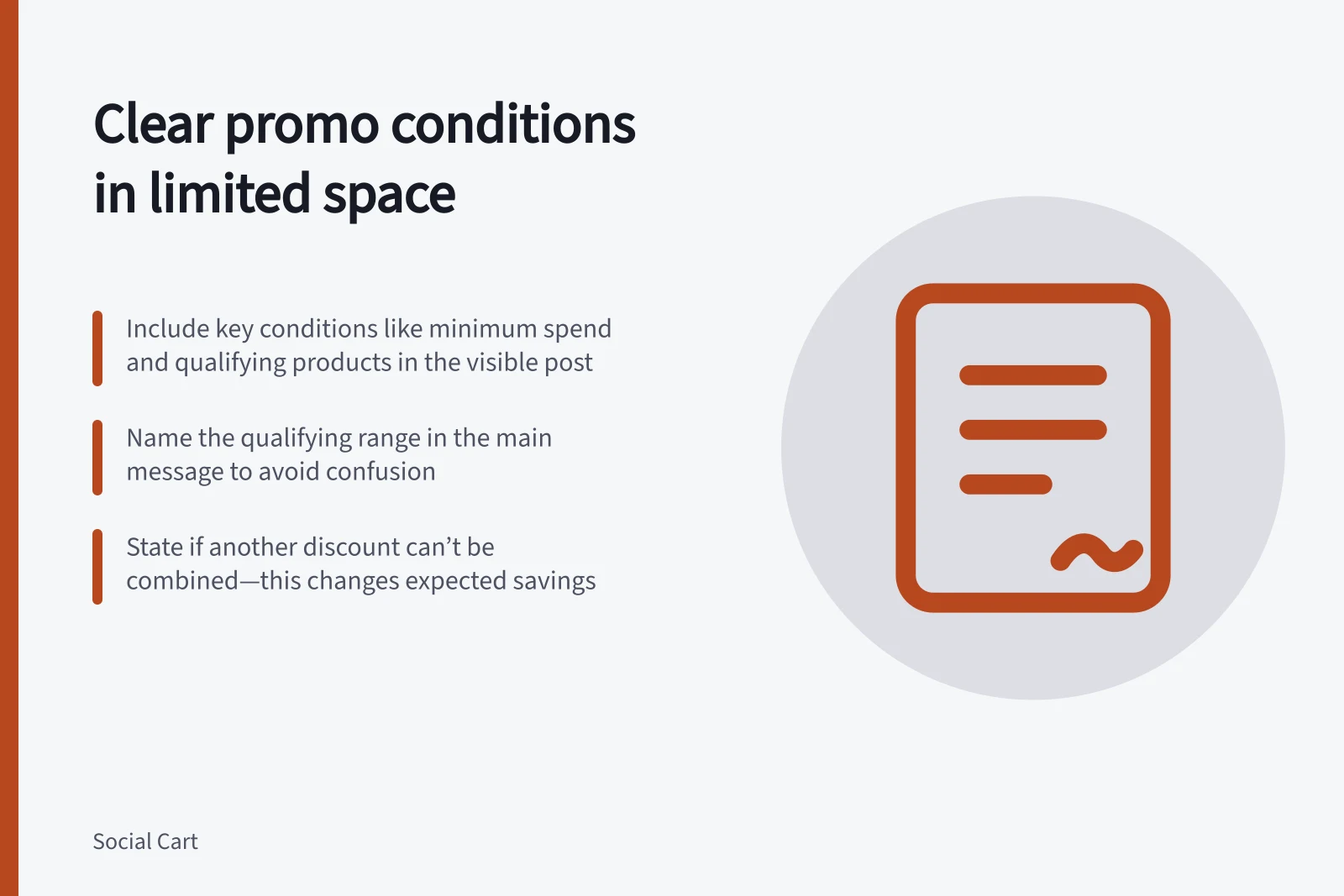 Clear promo conditions in limited space: Include key conditions like minimum spend and qualifying products in the visible post; Name the qualifying range in the main message to avoid confusion; State if another discount can’t be combined—this changes expected savings