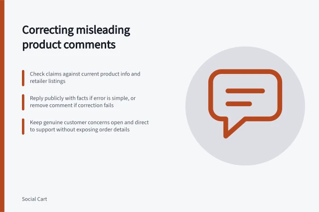 Correcting misleading product comments: Check claims against current product info and retailer listings; Reply publicly with facts if error is simple, or remove comment if correction fails; Keep genuine customer concerns open and direct to support without exposing order details. Handling misleading user comments about a product