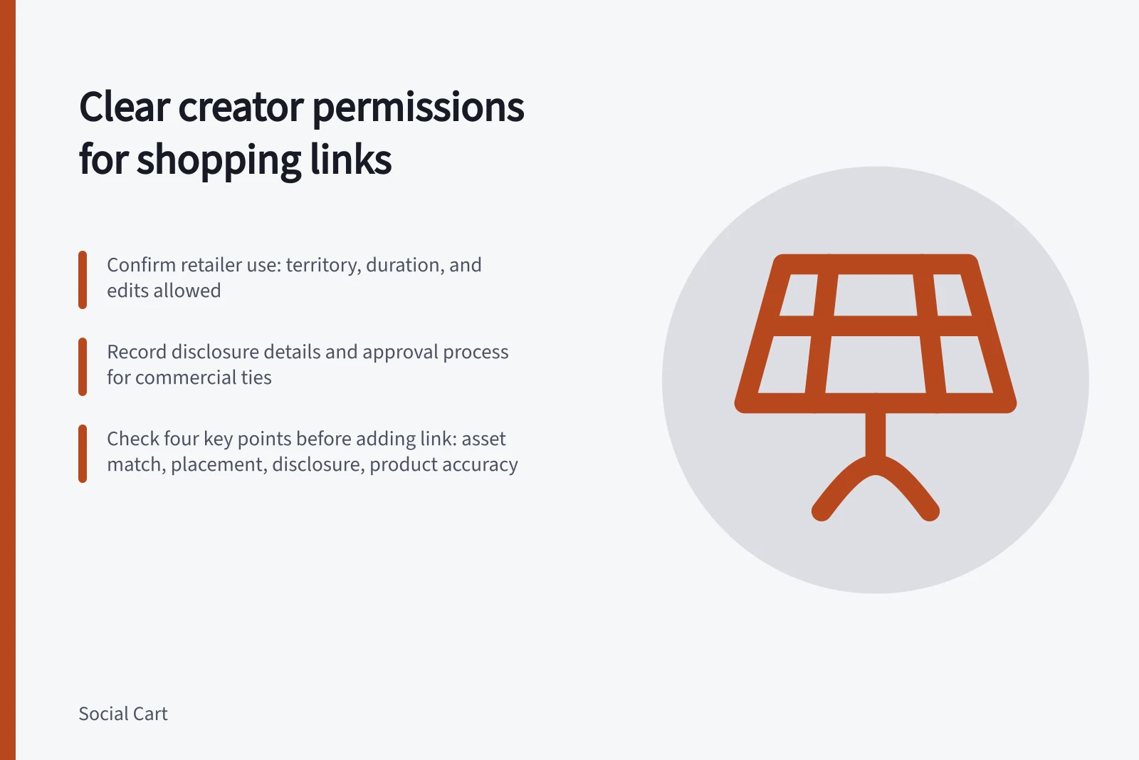 Clear creator permissions for shopping links: Confirm retailer use: territory, duration, and edits allowed; Record disclosure details and approval process for commercial ties; Check four key points before adding link: asset match, placement, disclosure, product accuracy