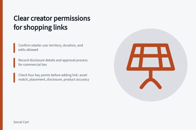 Clear creator permissions for shopping links: Confirm retailer use: territory, duration, and edits allowed; Record disclosure details and approval process for commercial ties; Check four key points before adding link: asset match, placement, disclosure, product accuracy. Keeping creator permissions clear before adding shopping links