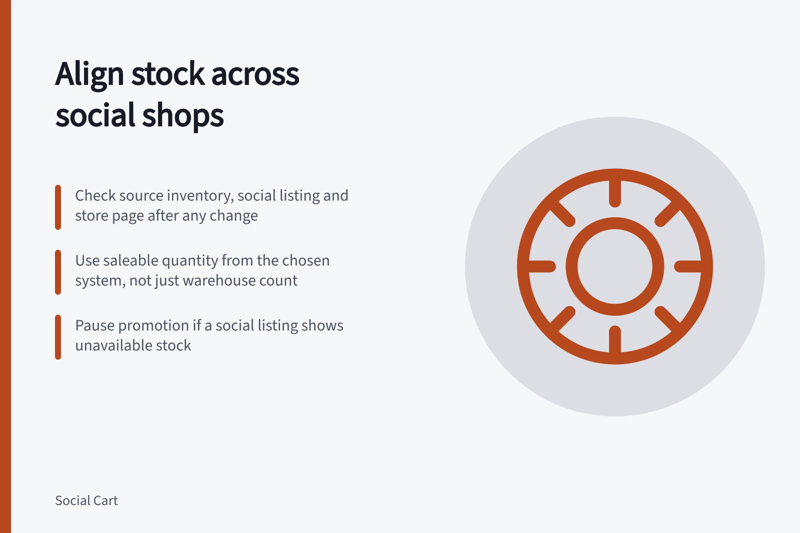 Align stock across social shops: Check source inventory, social listing and store page after any change; Use saleable quantity from the chosen system, not just warehouse count; Pause promotion if a social listing shows unavailable stock