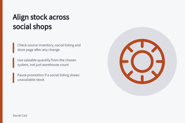 Align stock across social shops: Check source inventory, social listing and store page after any change; Use saleable quantity from the chosen system, not just warehouse count; Pause promotion if a social listing shows unavailable stock. Keeping stock availability consistent in social shops