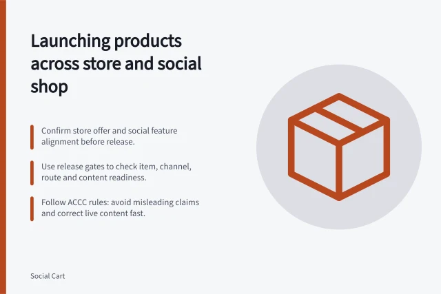 Launching products across store and social shop: Confirm store offer and social feature alignment before release.; Use release gates to check item, channel, route and content readiness.; Follow ACCC rules: avoid misleading claims and correct live content fast. Managing product launches across store and social shop