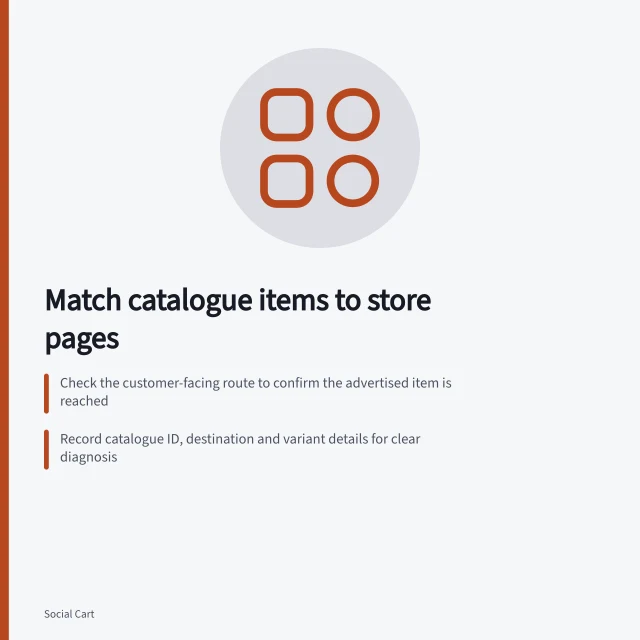 Match catalogue items to store pages: Check the customer-facing route to confirm the advertised item is reached; Record catalogue ID, destination and variant details for clear diagnosis; ACCC may investigate misleading claims if product matches are incorrect. Matching catalogue items to store product pages