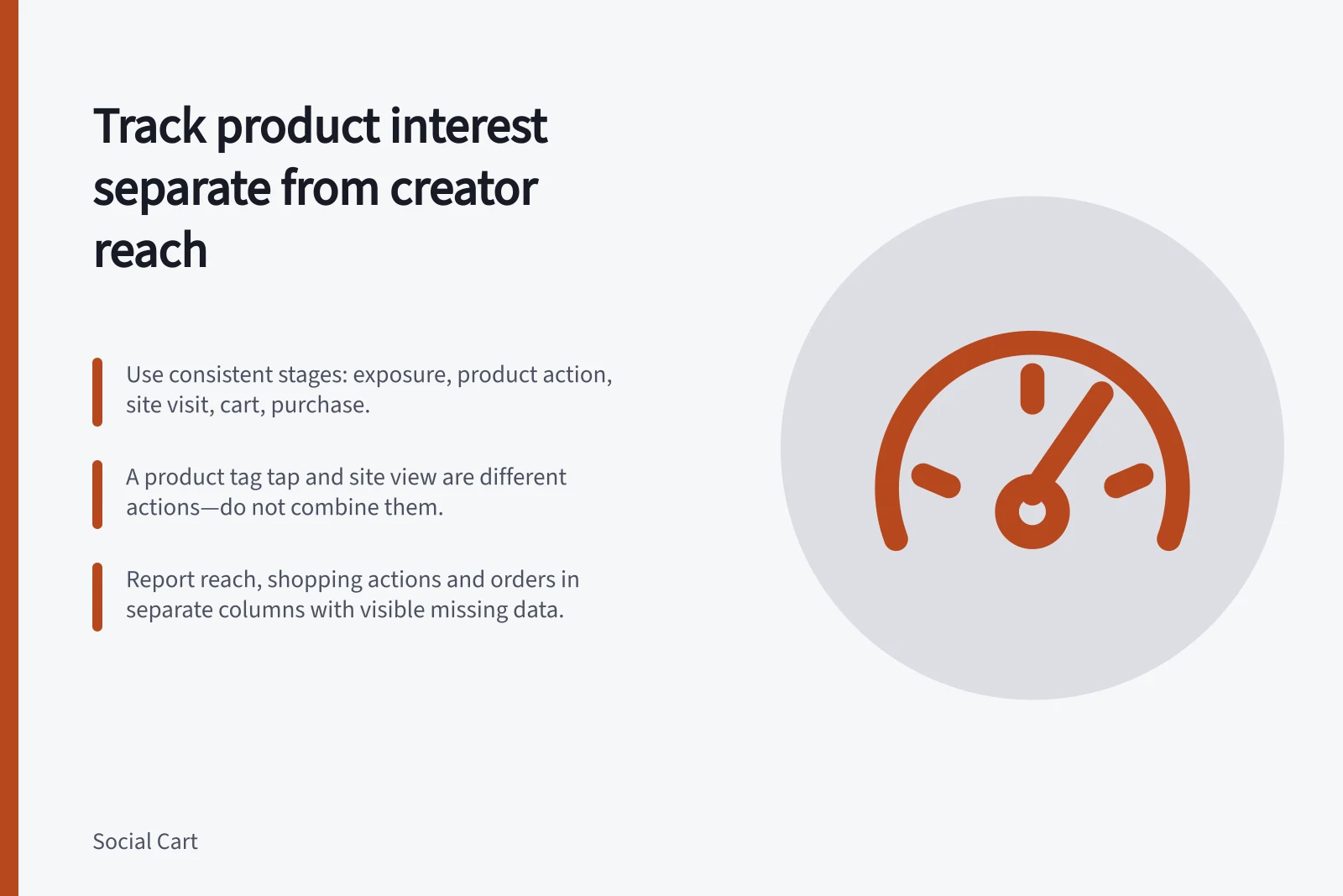 Track product interest separate from creator reach: Use consistent stages: exposure, product action, site visit, cart, purchase.; A product tag tap and site view are different actions—do not combine them.; Report reach, shopping actions and orders in separate columns with visible missing data.