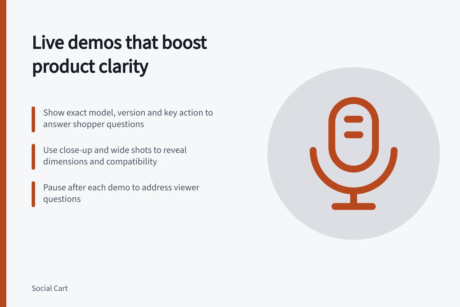 Live demos that boost product clarity: Show exact model, version and key action to answer shopper questions; Use close-up and wide shots to reveal dimensions and compatibility; Pause after each demo to address viewer questions