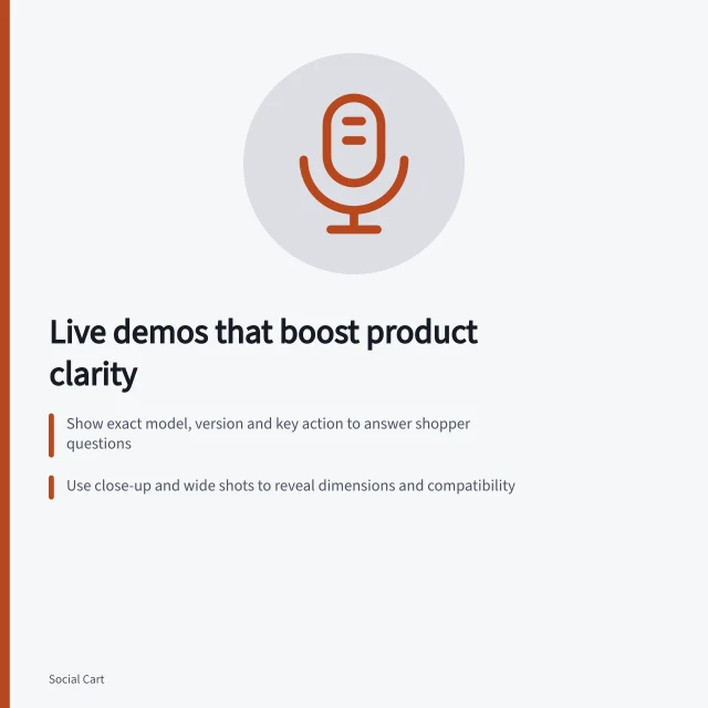 Live demos that boost product clarity: Show exact model, version and key action to answer shopper questions; Use close-up and wide shots to reveal dimensions and compatibility; Pause after each demo to address viewer questions. Planning a live session around useful demonstrations