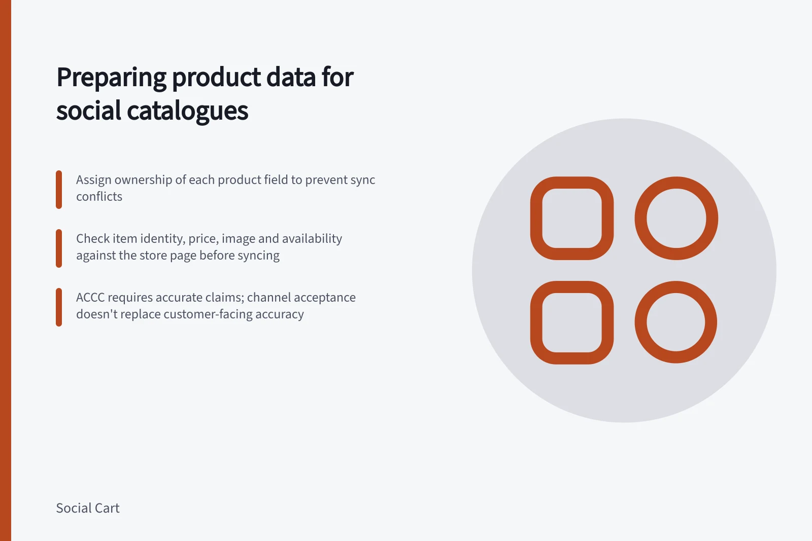 Preparing product data for social catalogues: Assign ownership of each product field to prevent sync conflicts; Check item identity, price, image and availability against the store page before syncing; ACCC requires accurate claims; channel acceptance doesn't replace customer-facing accuracy