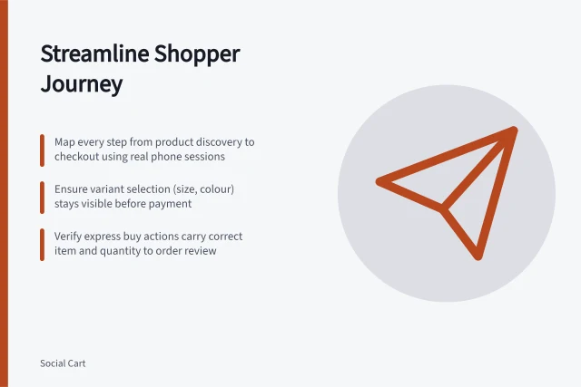 Streamline Shopper Journey: Map every step from product discovery to checkout using real phone sessions; Ensure variant selection (size, colour) stays visible before payment; Verify express buy actions carry correct item and quantity to order review. Reducing steps between discovery and checkout