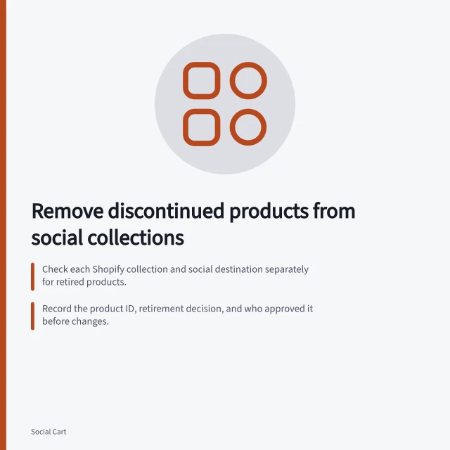 Remove discontinued products from social collections: Check each Shopify collection and social destination separately for retired products.; Record the product ID, retirement decision, and who approved it before changes.; Correct old posts, tags, and routes to remove shopping actions for retired items. Removing discontinued products from social collections
