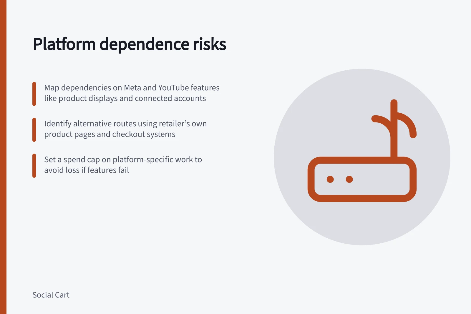 Platform dependence risks: Map dependencies on Meta and YouTube features like product displays and connected accounts; Identify alternative routes using retailer’s own product pages and checkout systems; Set a spend cap on platform-specific work to avoid loss if features fail