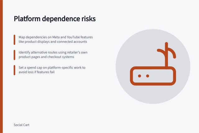 Platform dependence risks: Map dependencies on Meta and YouTube features like product displays and connected accounts; Identify alternative routes using retailer’s own product pages and checkout systems; Set a spend cap on platform-specific work to avoid loss if features fail. Reviewing platform dependence before investing in a social shop