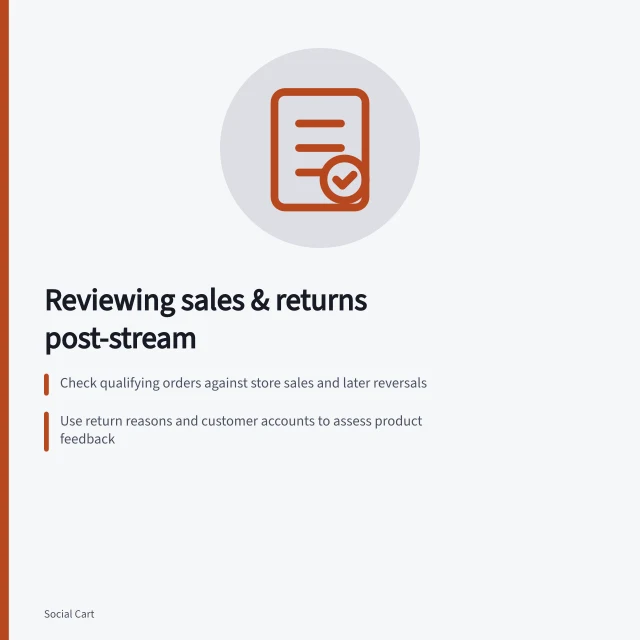 Reviewing sales & returns post-stream: Check qualifying orders against store sales and later reversals; Use return reasons and customer accounts to assess product feedback; Keep live actions, GA4 events and store orders separate. Reviewing sales and returns after a live session