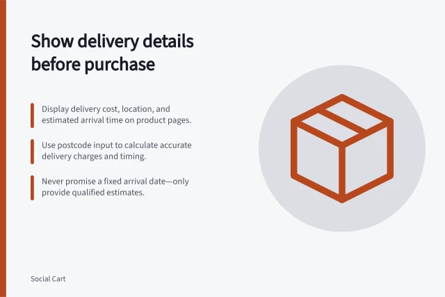 Show delivery details before purchase: Display delivery cost, location, and estimated arrival time on product pages.; Use postcode input to calculate accurate delivery charges and timing.; Never promise a fixed arrival date—only provide qualified estimates. Showing delivery expectations before the buying decision
