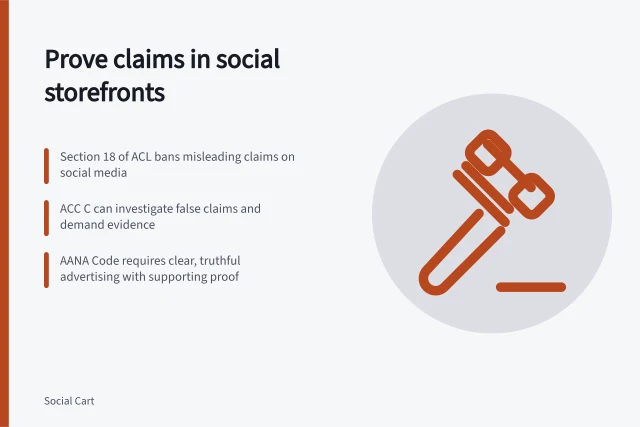Prove claims in social storefronts: Section 18 of ACL bans misleading claims on social media; ACC C can investigate false claims and demand evidence; AANA Code requires clear, truthful advertising with supporting proof. Showing genuine product evidence in a social storefront