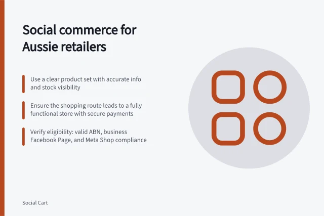 Social commerce for Aussie retailers: Use a clear product set with accurate info and stock visibility; Ensure the shopping route leads to a fully functional store with secure payments; Verify eligibility: valid ABN, business Facebook Page, and Meta Shop compliance. Social commerce for Australian retailers
