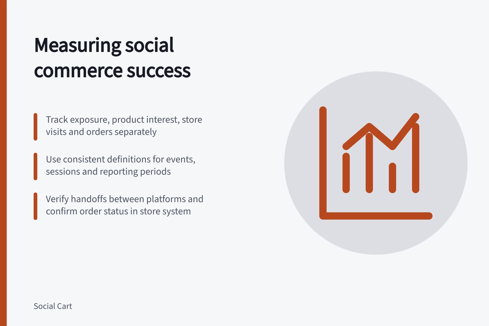 Measuring social commerce success: Track exposure, product interest, store visits and orders separately; Use consistent definitions for events, sessions and reporting periods; Verify handoffs between platforms and confirm order status in store system