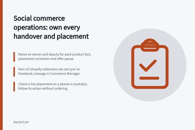 Social commerce operations: own every handover and placement: Name an owner and deputy for each product fact, placement correction and offer pause.; Non-US Shopify collections do not sync to Facebook; manage in Commerce Manager.; Check a live placement on a phone in Australia; follow its action without ordering. Social commerce operations