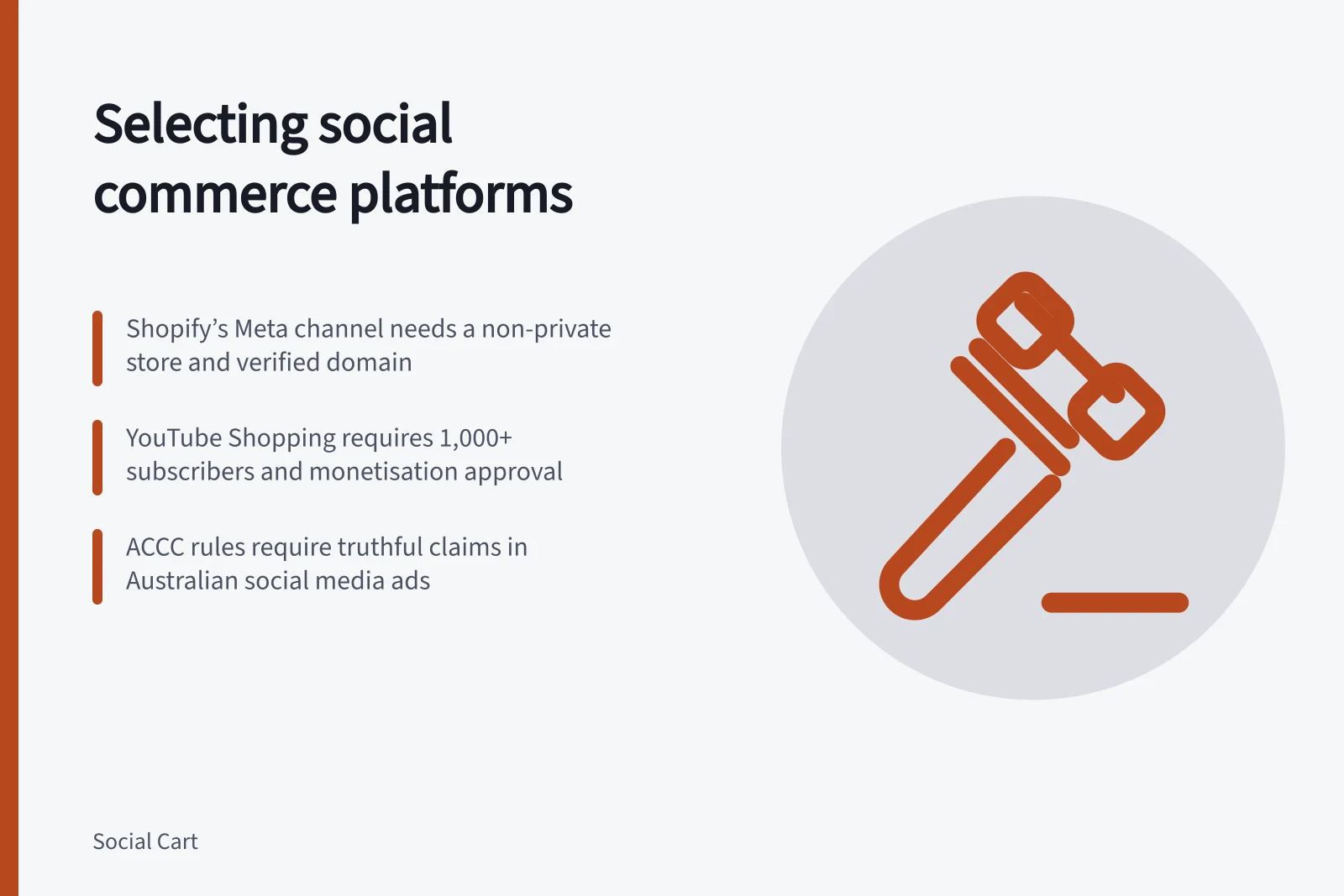 Selecting social commerce platforms: Shopify’s Meta channel needs a non-private store and verified domain; YouTube Shopping requires 1,000+ subscribers and monetisation approval; ACCC rules require truthful claims in Australian social media ads