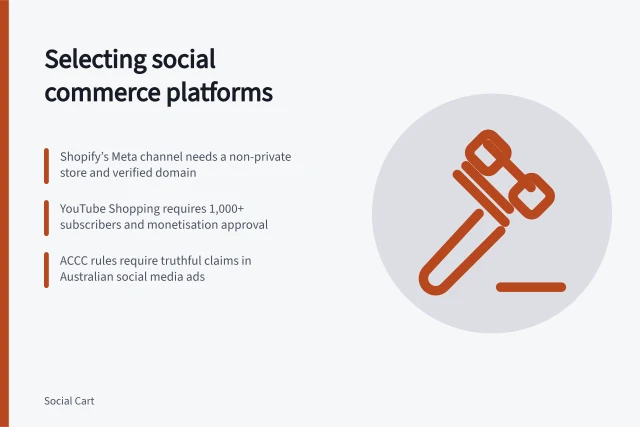Selecting social commerce platforms: Shopify’s Meta channel needs a non-private store and verified domain; YouTube Shopping requires 1,000+ subscribers and monetisation approval; ACCC rules require truthful claims in Australian social media ads. Social commerce platform selection