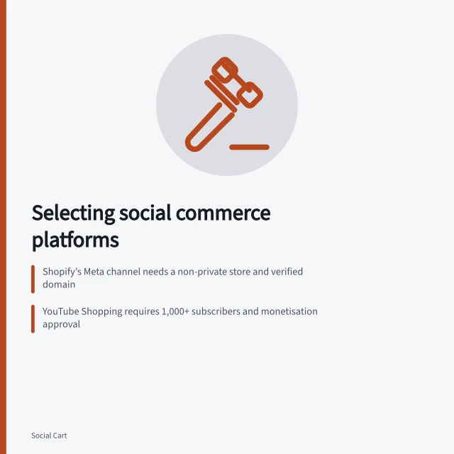 Selecting social commerce platforms: Shopify’s Meta channel needs a non-private store and verified domain; YouTube Shopping requires 1,000+ subscribers and monetisation approval; ACCC rules require truthful claims in Australian social media ads. Social commerce platform selection