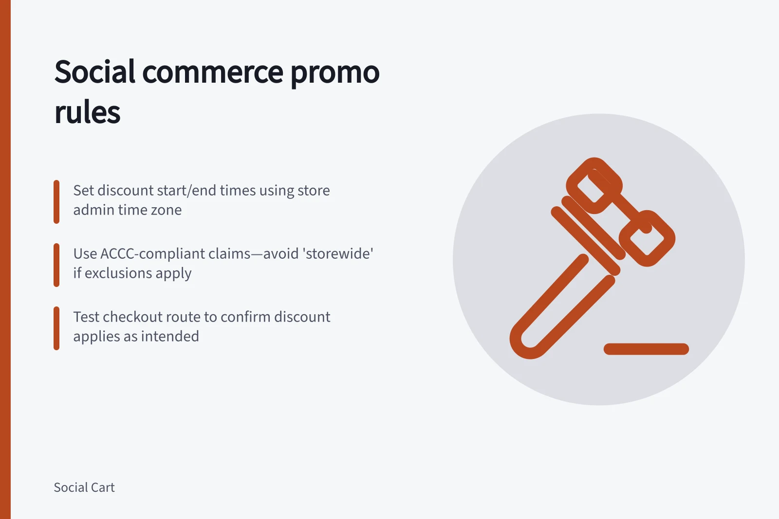 Social commerce promo rules: Set discount start/end times using store admin time zone; Use ACCC-compliant claims—avoid 'storewide' if exclusions apply; Test checkout route to confirm discount applies as intended
