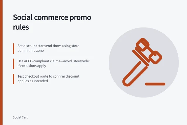 Social commerce promo rules: Set discount start/end times using store admin time zone; Use ACCC-compliant claims—avoid 'storewide' if exclusions apply; Test checkout route to confirm discount applies as intended. Social commerce promotions