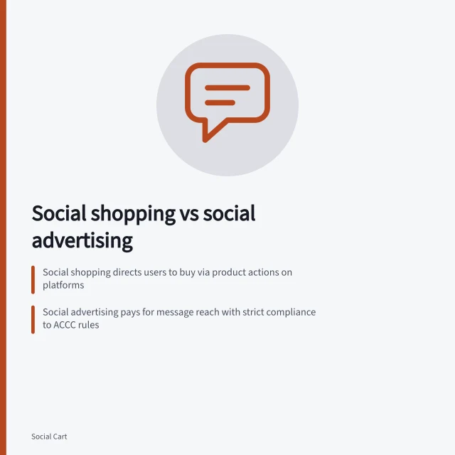 Social shopping vs social advertising: Social shopping directs users to buy via product actions on platforms; Social advertising pays for message reach with strict compliance to ACCC rules; Product links must match exact item, price and availability shown in ads. Social shopping versus social advertising
