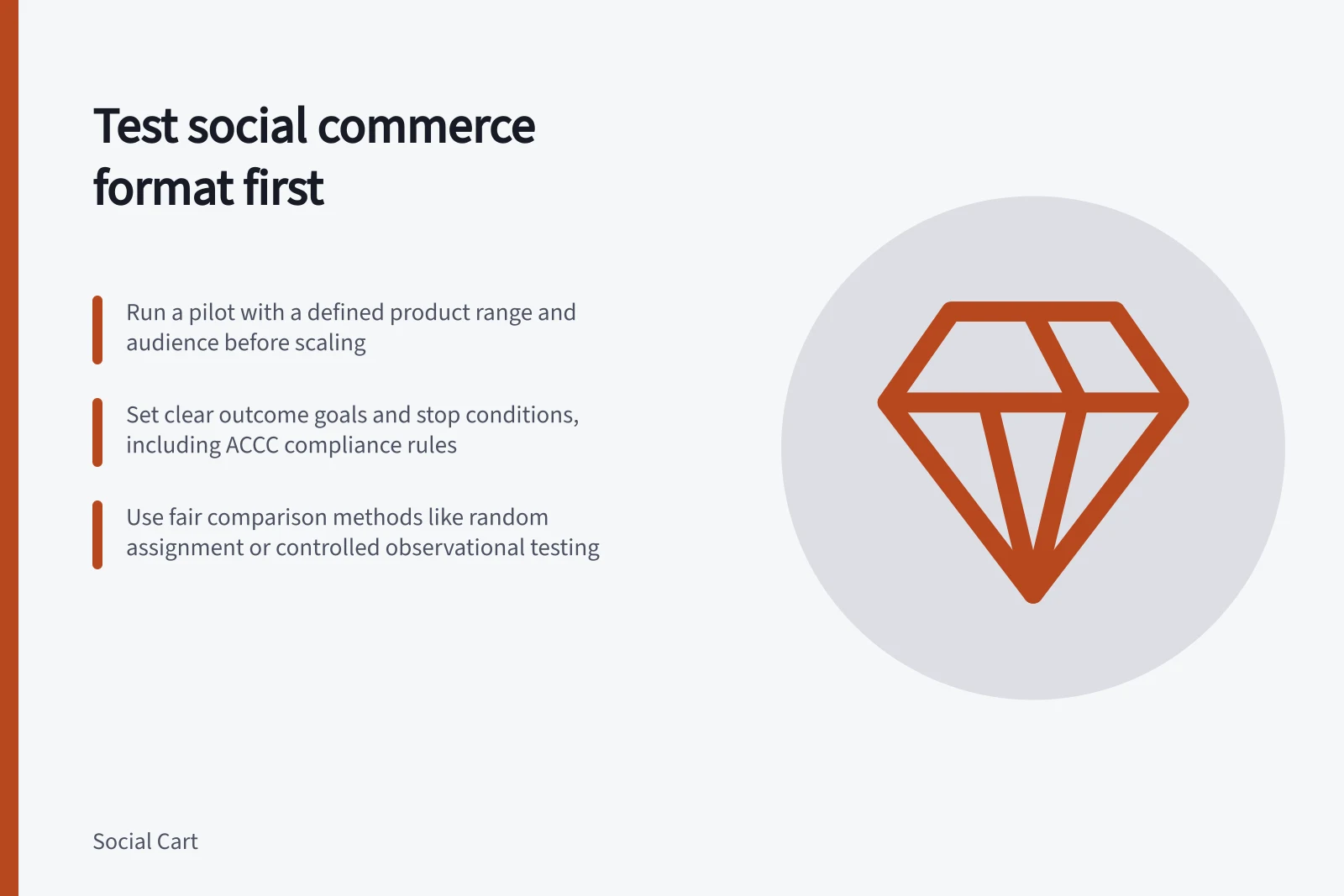 Test social commerce format first: Run a pilot with a defined product range and audience before scaling; Set clear outcome goals and stop conditions, including ACCC compliance rules; Use fair comparison methods like random assignment or controlled observational testing