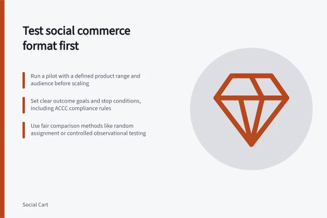 Test social commerce format first: Run a pilot with a defined product range and audience before scaling; Set clear outcome goals and stop conditions, including ACCC compliance rules; Use fair comparison methods like random assignment or controlled observational testing. Testing a new social commerce format before a wider rollout